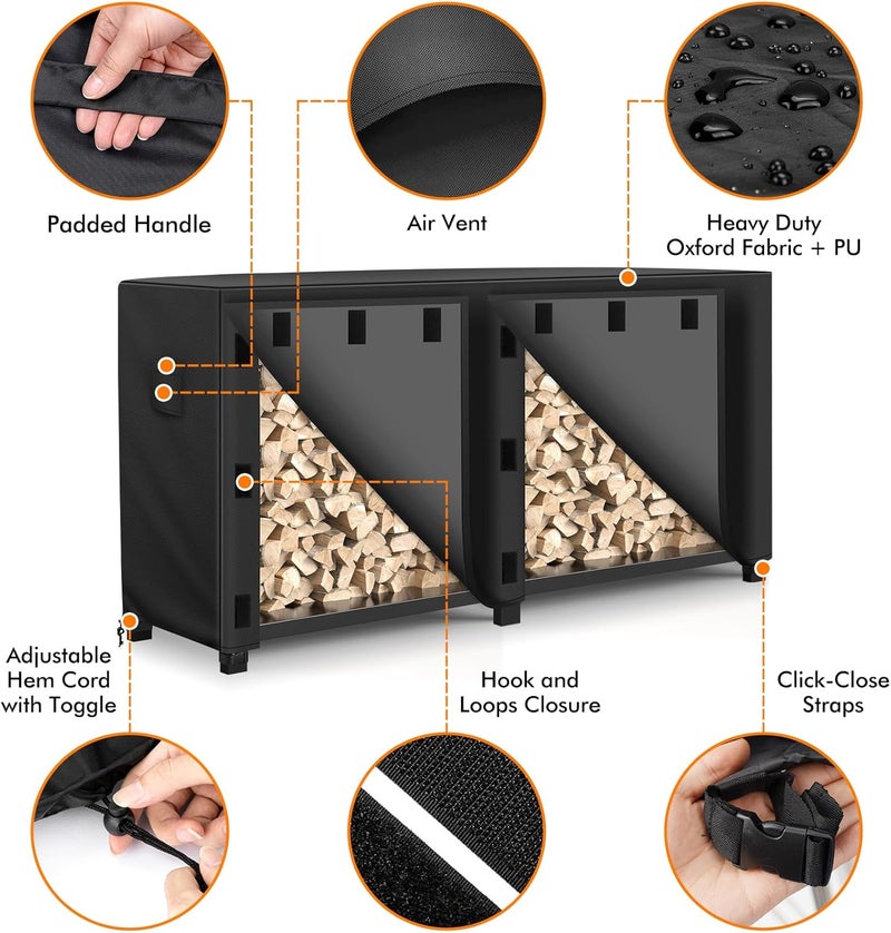 WLEAFJ 8 foot Outdoor Firewood Rack Cover Waterproof, Log Rack Cover, Wood Cover for Log Holder, 96" W x 24" D x 41" H, Black - Image 3